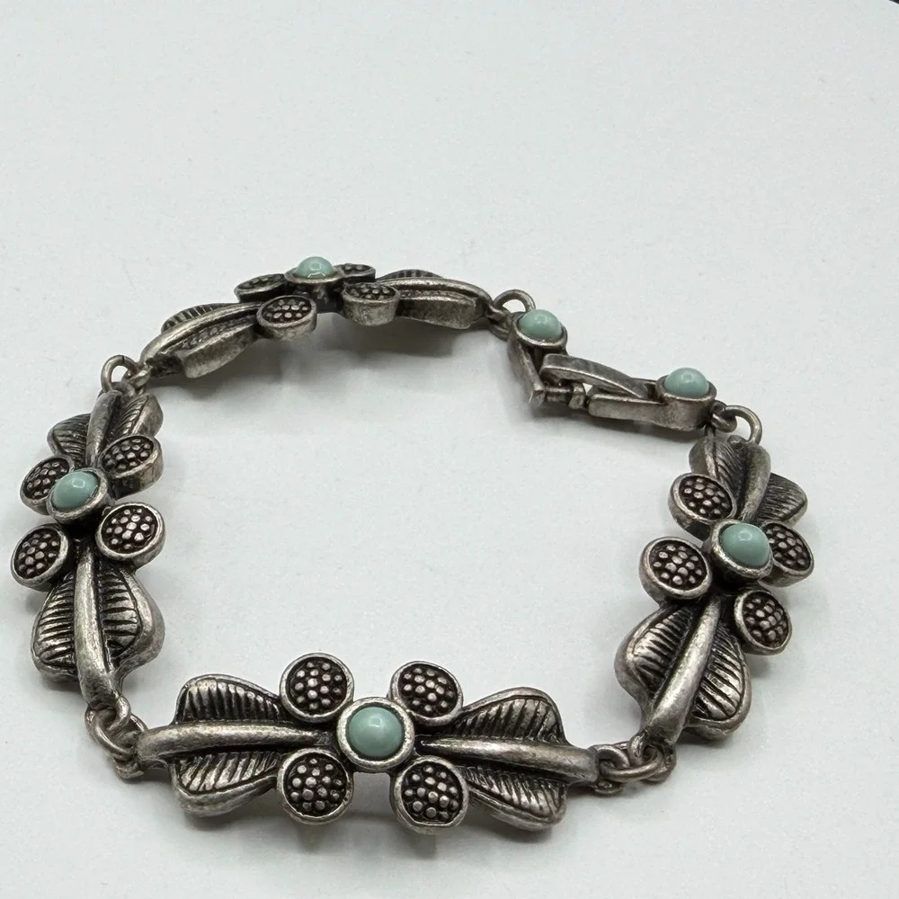 Silver Tone Floral Link Bracelet Aqua Cabochon Boho Cottagecore Statement Gift